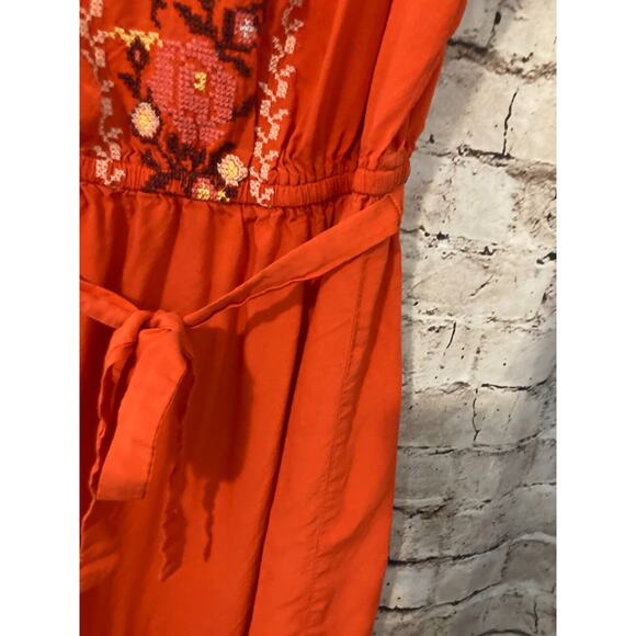 Old Navy Prairie Dress Womens Small Rust Orange Midi Embroidered Belted Flowy - Picture 3 of 14